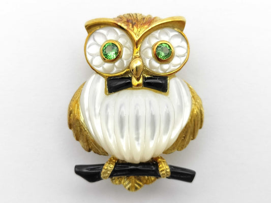 Owl Motif Shell Onyx PE 0.13ct K18 8.3g Brooch 