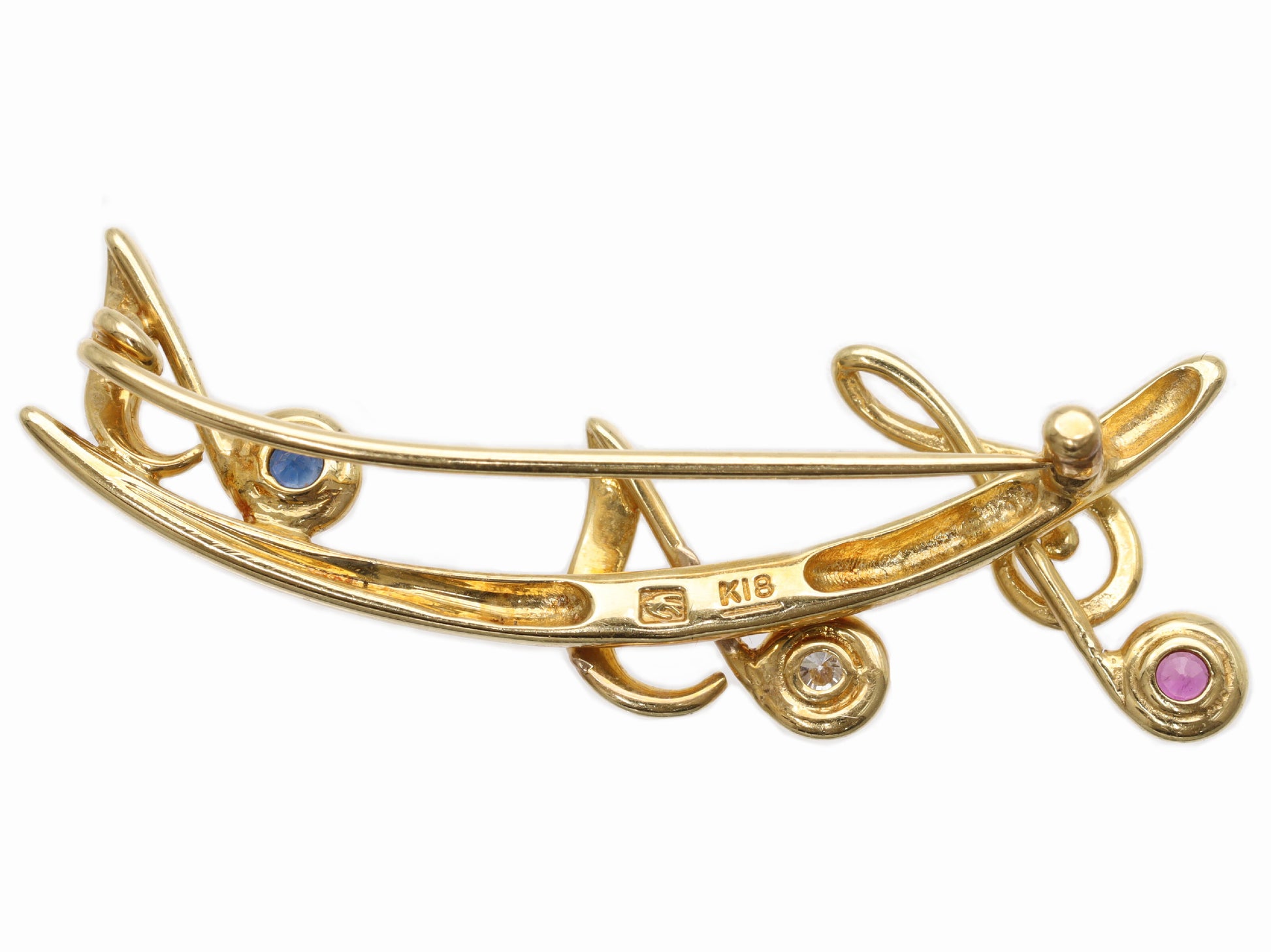 Sapphire, Ruby, and Diamond 18K Gold Brooch, 3.0g 