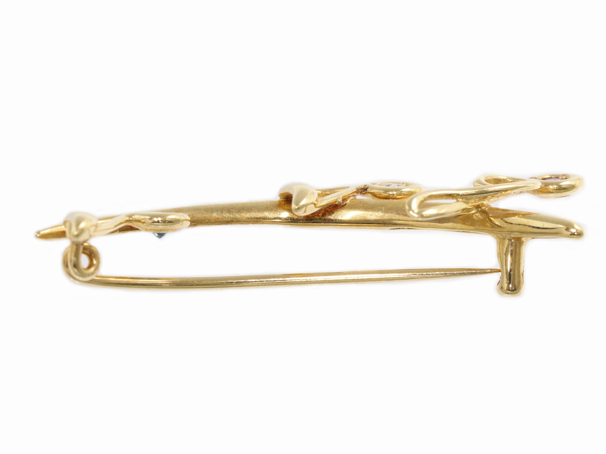 Sapphire, Ruby, and Diamond 18K Gold Brooch, 3.0g 