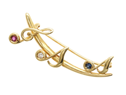 Sapphire, Ruby, and Diamond 18K Gold Brooch, 3.0g 