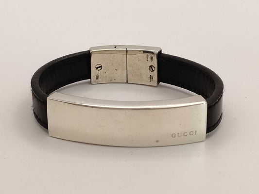 GUCCI Logo Plate Bracelet, SV925 and Leather, Silver and Black, Bracelet/Bangle