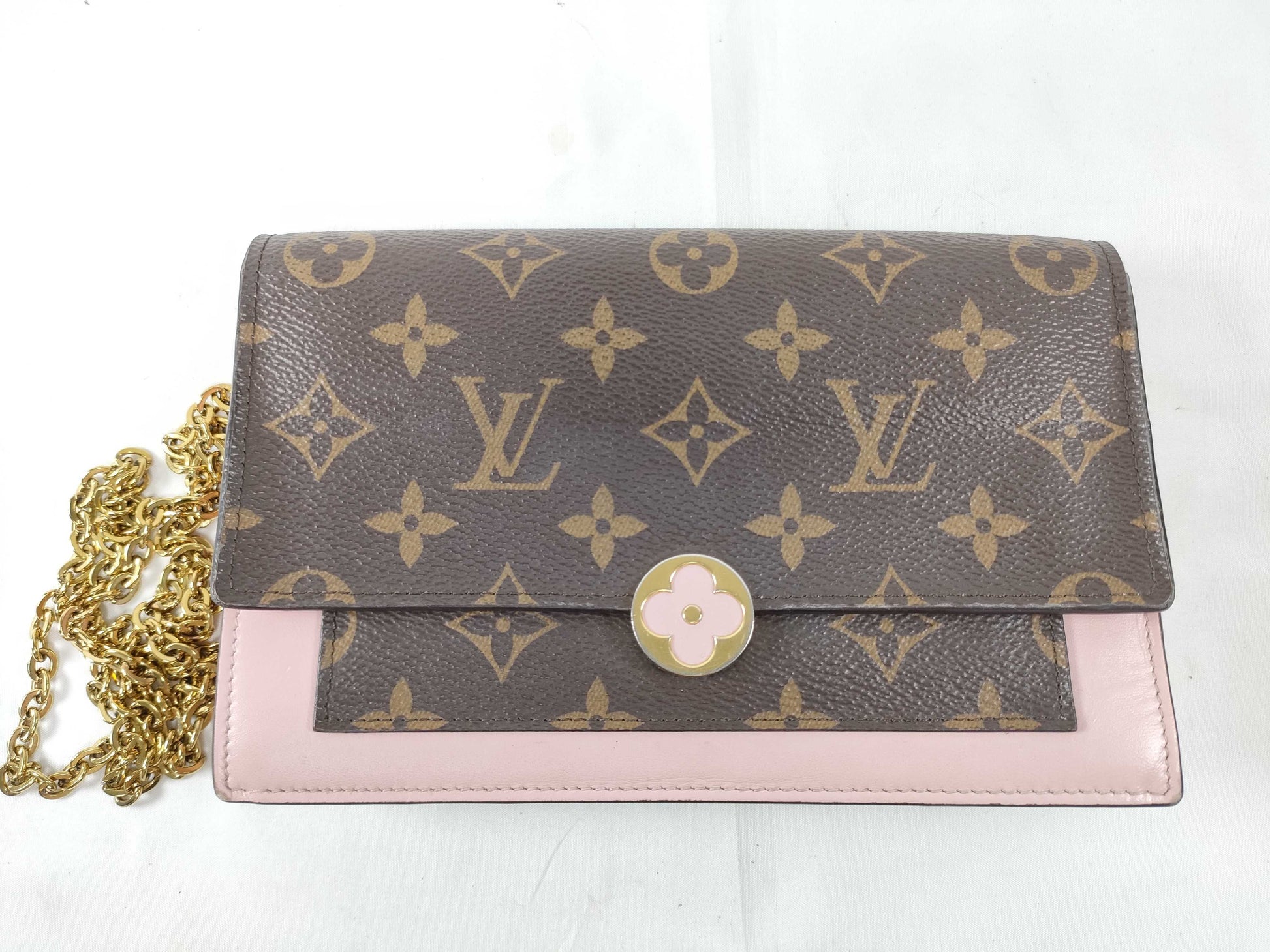 LOUIS VUITTON RFID Verified S N 4199 Monogram Louis Vuitton Monogram Portefeuille Flore Chain Rose Ballerine Shoulder Bag