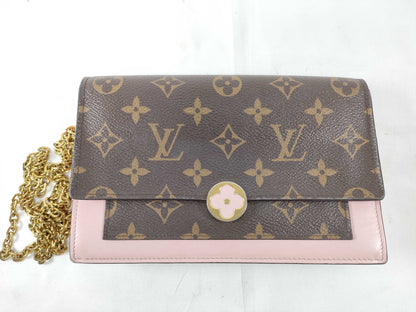 LOUIS VUITTON RFID Verified S N 4199 Monogram Louis Vuitton Monogram Portefeuille Flore Chain Rose Ballerine Shoulder Bag