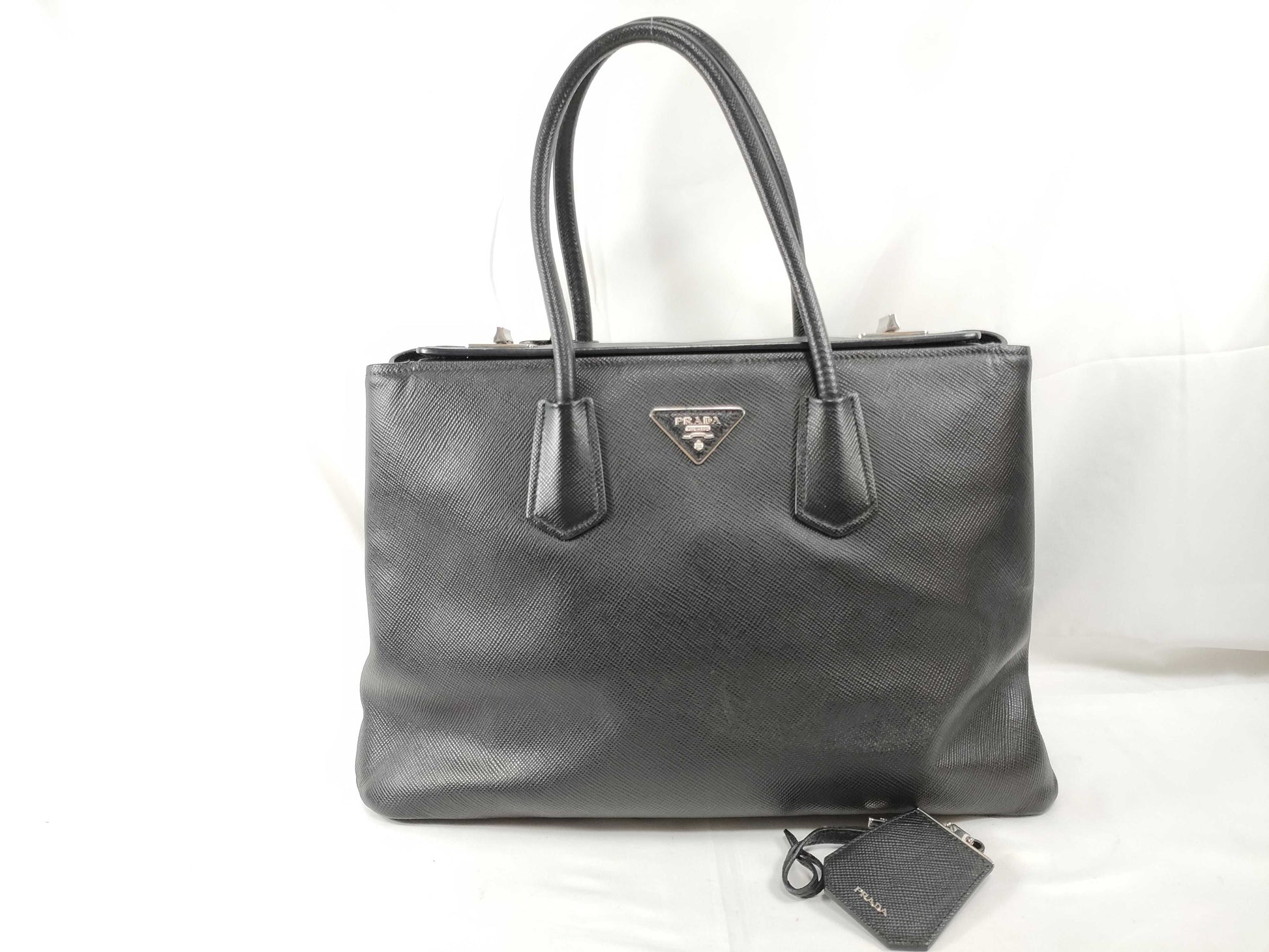 PRADA Prada Saffiano Cuir Handbag with Silver Hardware, Black