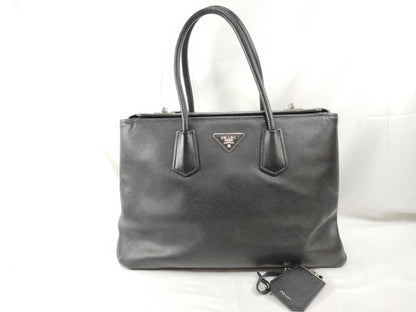 PRADA Prada Saffiano Cuir Handbag with Silver Hardware, Black