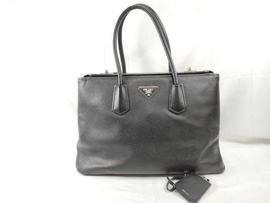PRADA Prada Saffiano Cuir Handbag with Silver Hardware, Black