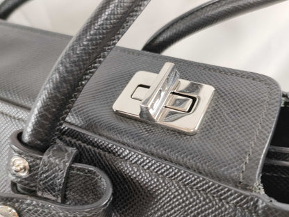 PRADA Prada Saffiano Cuir Handbag with Silver Hardware, Black