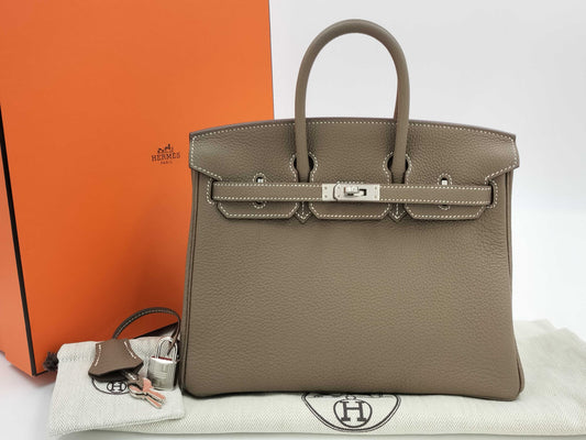 HERMES Birkin 25 Togo Etoupe Silver Hardware K Stamp Handbag
