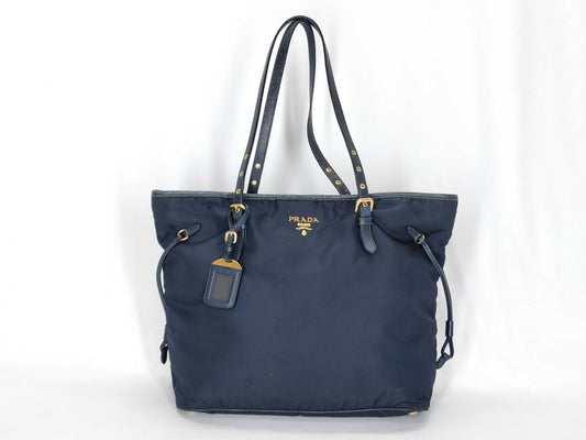 PRADA Nylon Prada Saffiano Combination Tote Bag Navy