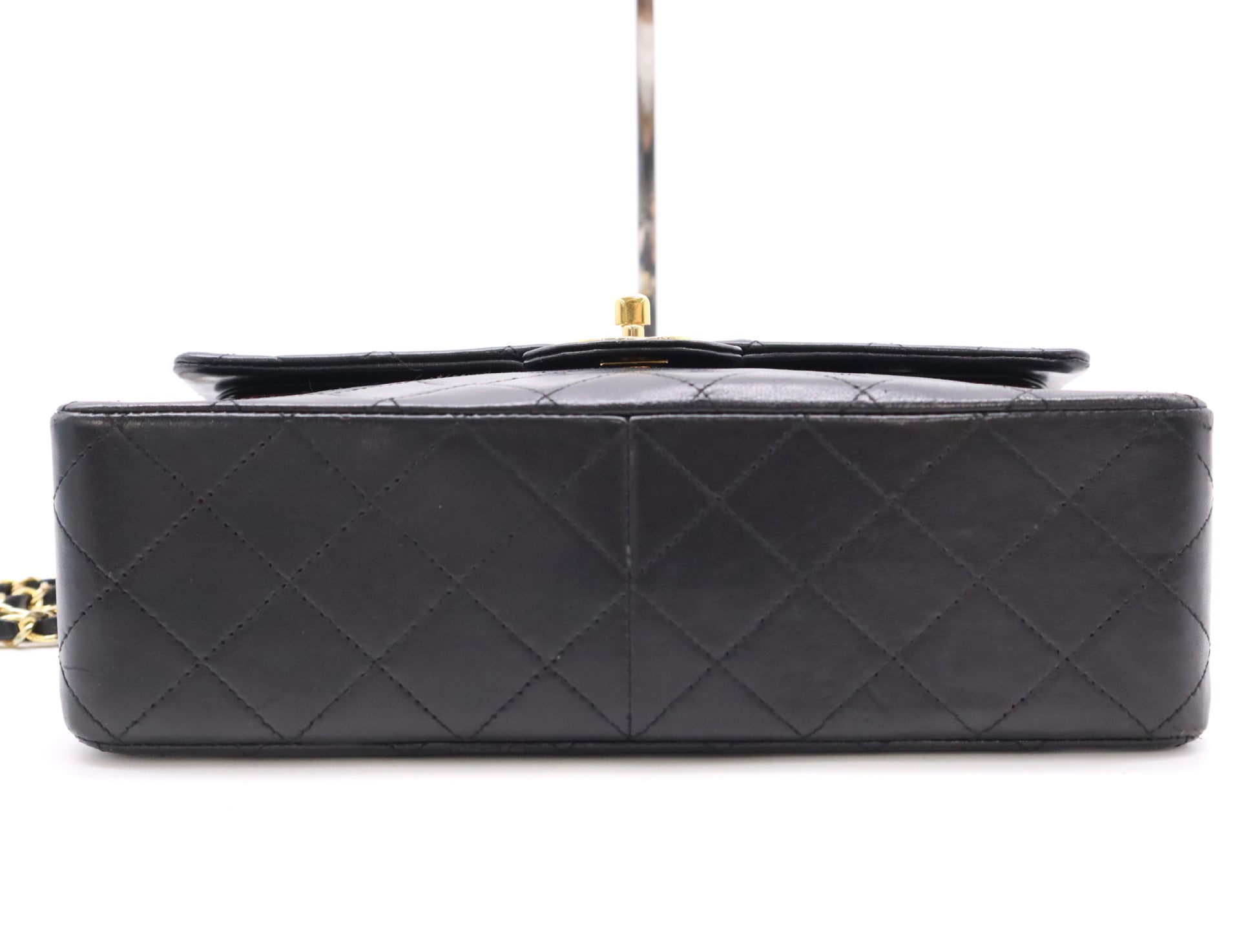 CHANEL Lambskin Matelasse 25 Shoulder Bag with Double Flap, Double Chain, Turn Lock, Gold Hardware, Black Seal, 0629131
