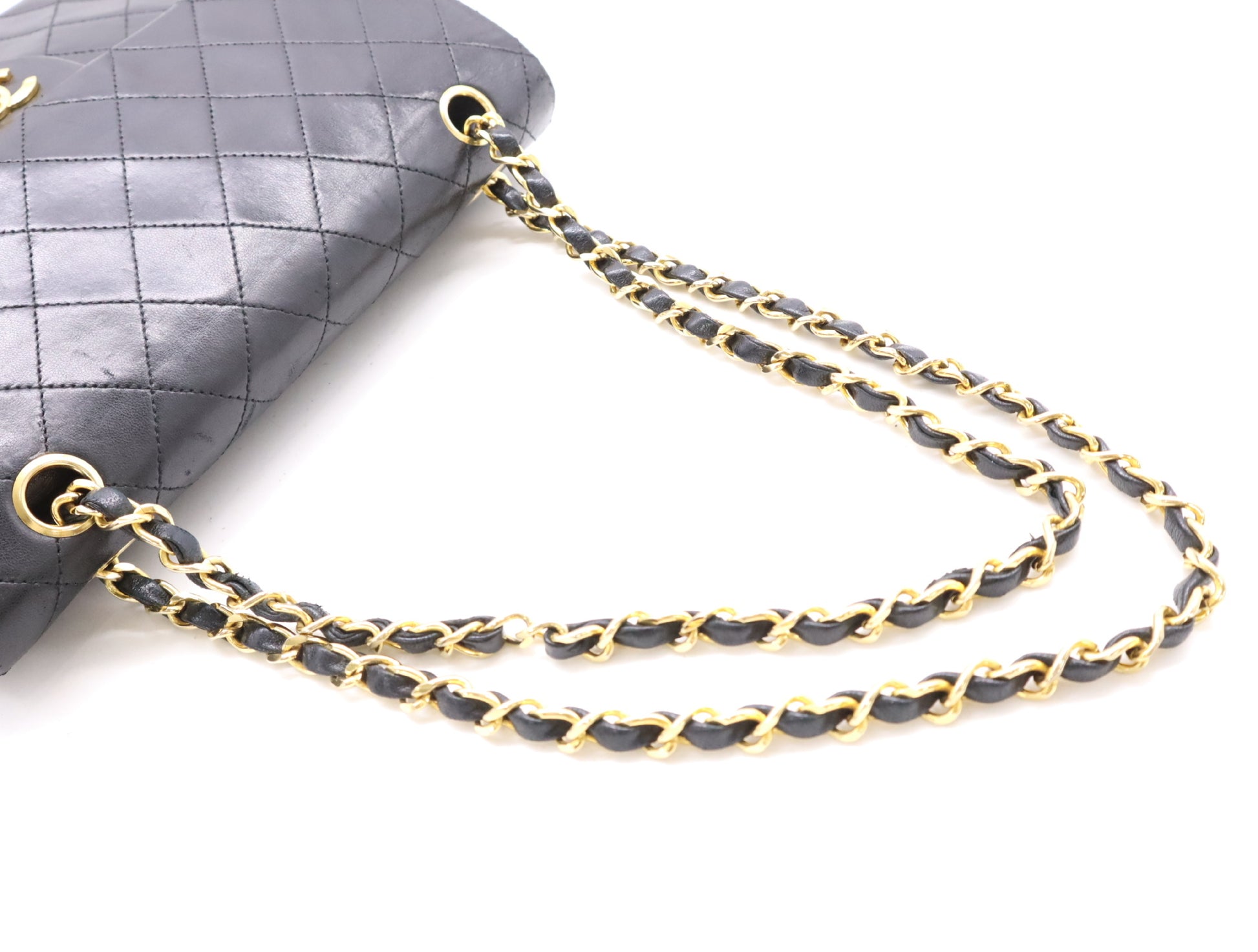 CHANEL Lambskin Matelasse 25 Shoulder Bag with Double Flap, Double Chain, Turn Lock, Gold Hardware, Black Seal, 0629131