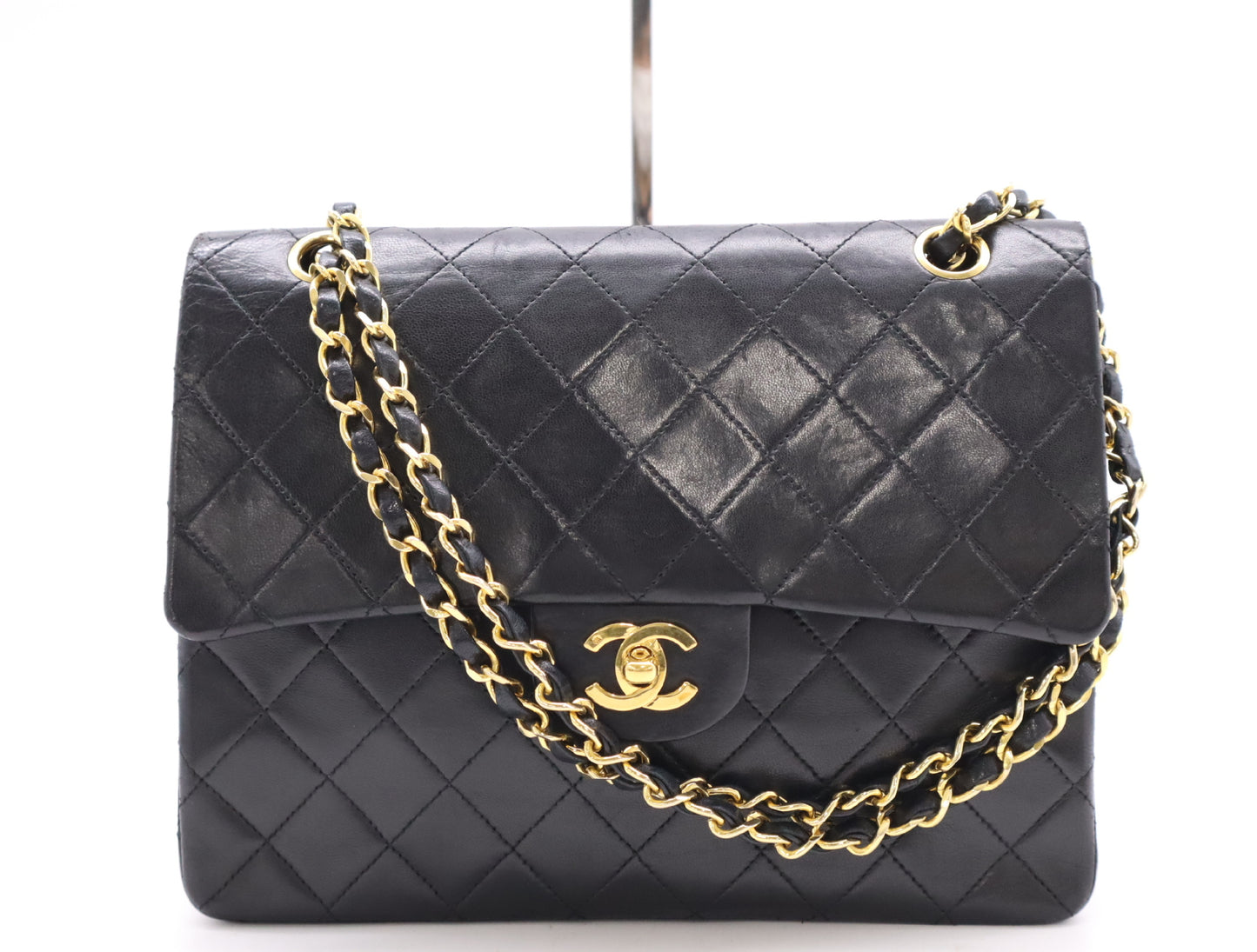 CHANEL Lambskin Matelasse 25 Shoulder Bag with Double Flap, Double Chain, Turn Lock, Gold Hardware, Black Seal, 0629131