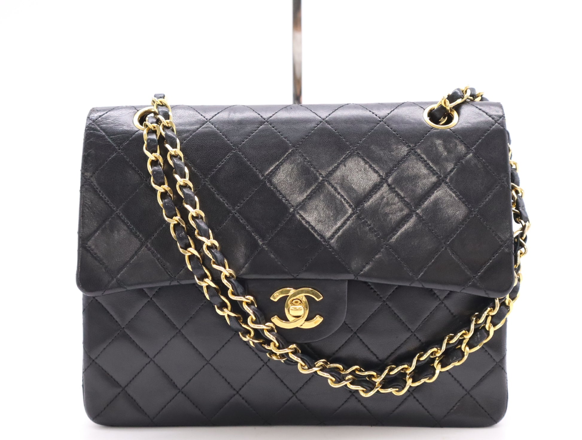CHANEL Lambskin Matelasse 25 Shoulder Bag with Double Flap, Double Chain, Turn Lock, Gold Hardware, Black Seal, 0629131