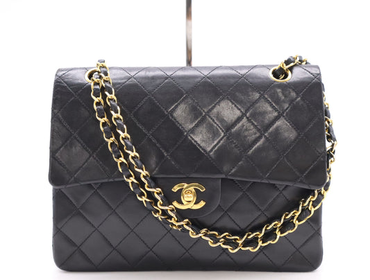 CHANEL Lambskin Matelasse 25 Shoulder Bag with Double Flap, Double Chain, Turn Lock, Gold Hardware, Black Seal, 0629131