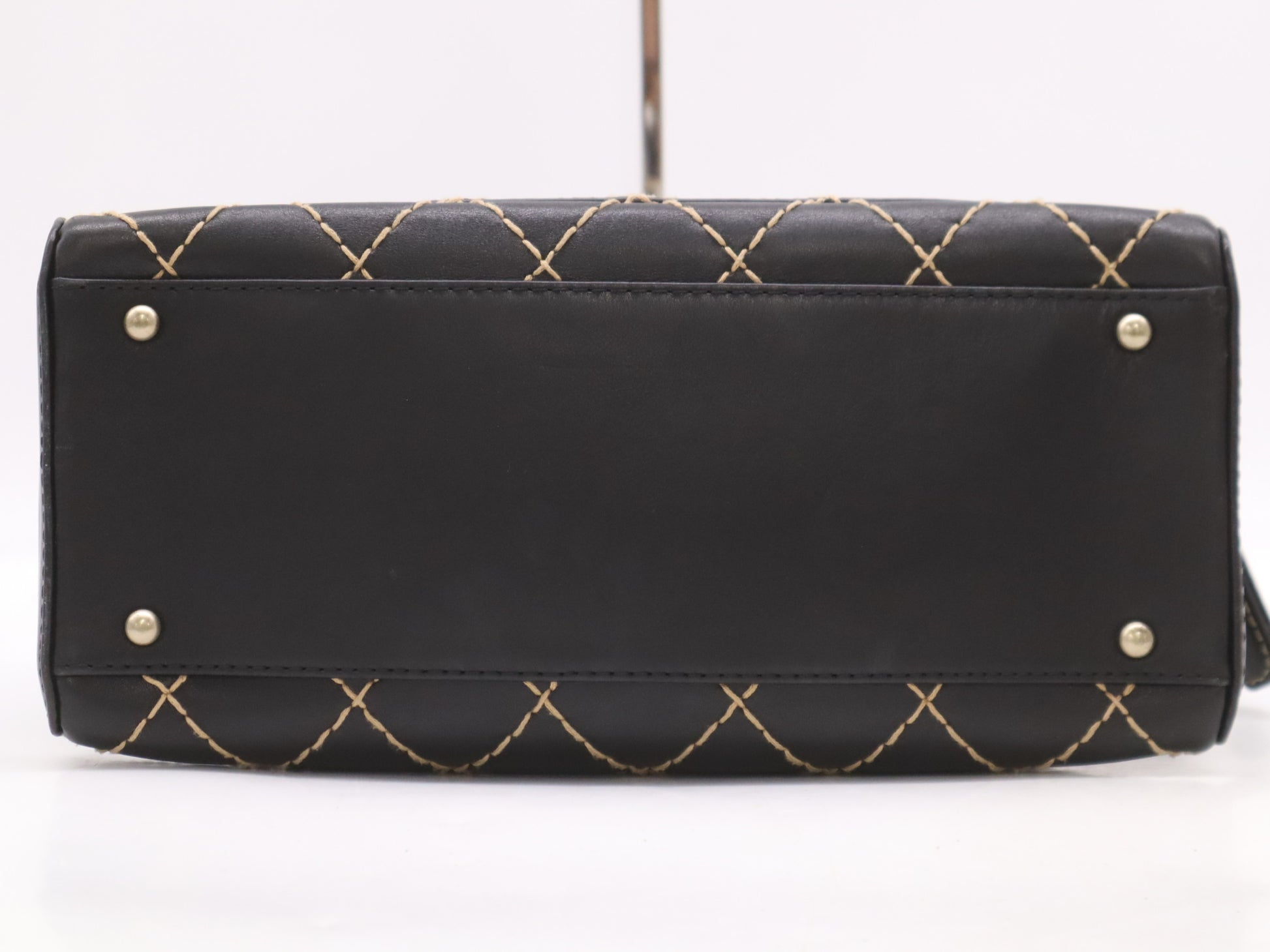 CHANEL Leather Wild Stitch Handbag Mini Boston Bag Black Seal Card 6537258 Handbag