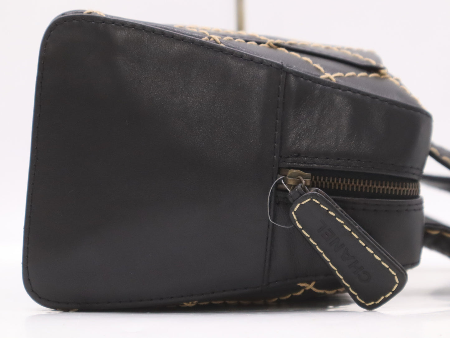 CHANEL Leather Wild Stitch Handbag Mini Boston Bag Black Seal Card 6537258 Handbag