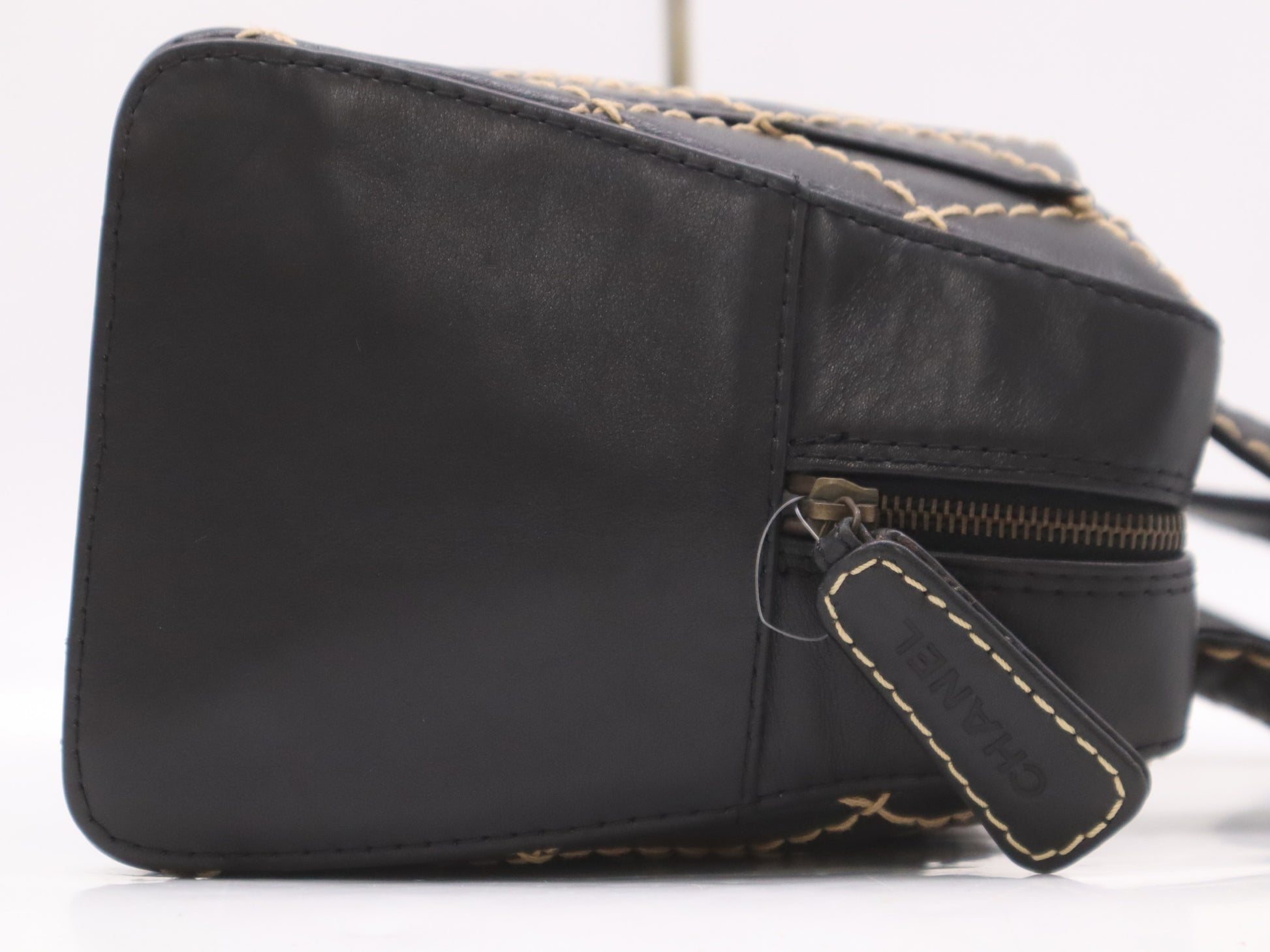 CHANEL Leather Wild Stitch Handbag Mini Boston Bag Black Seal Card 6537258 Handbag