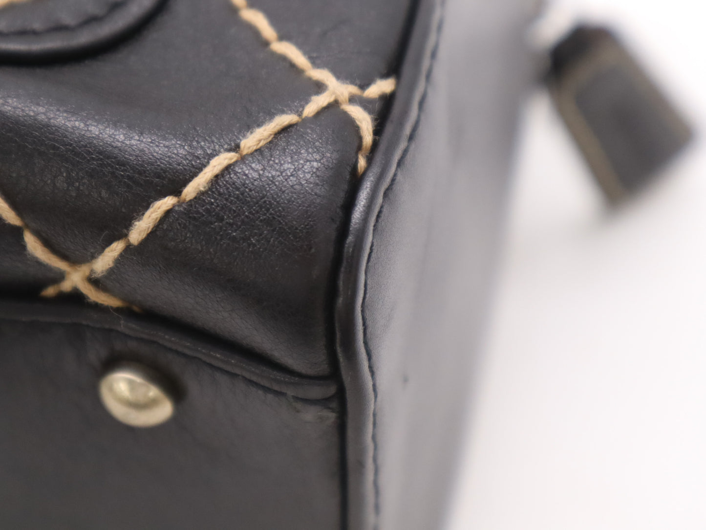 CHANEL Leather Wild Stitch Handbag Mini Boston Bag Black Seal Card 6537258 Handbag