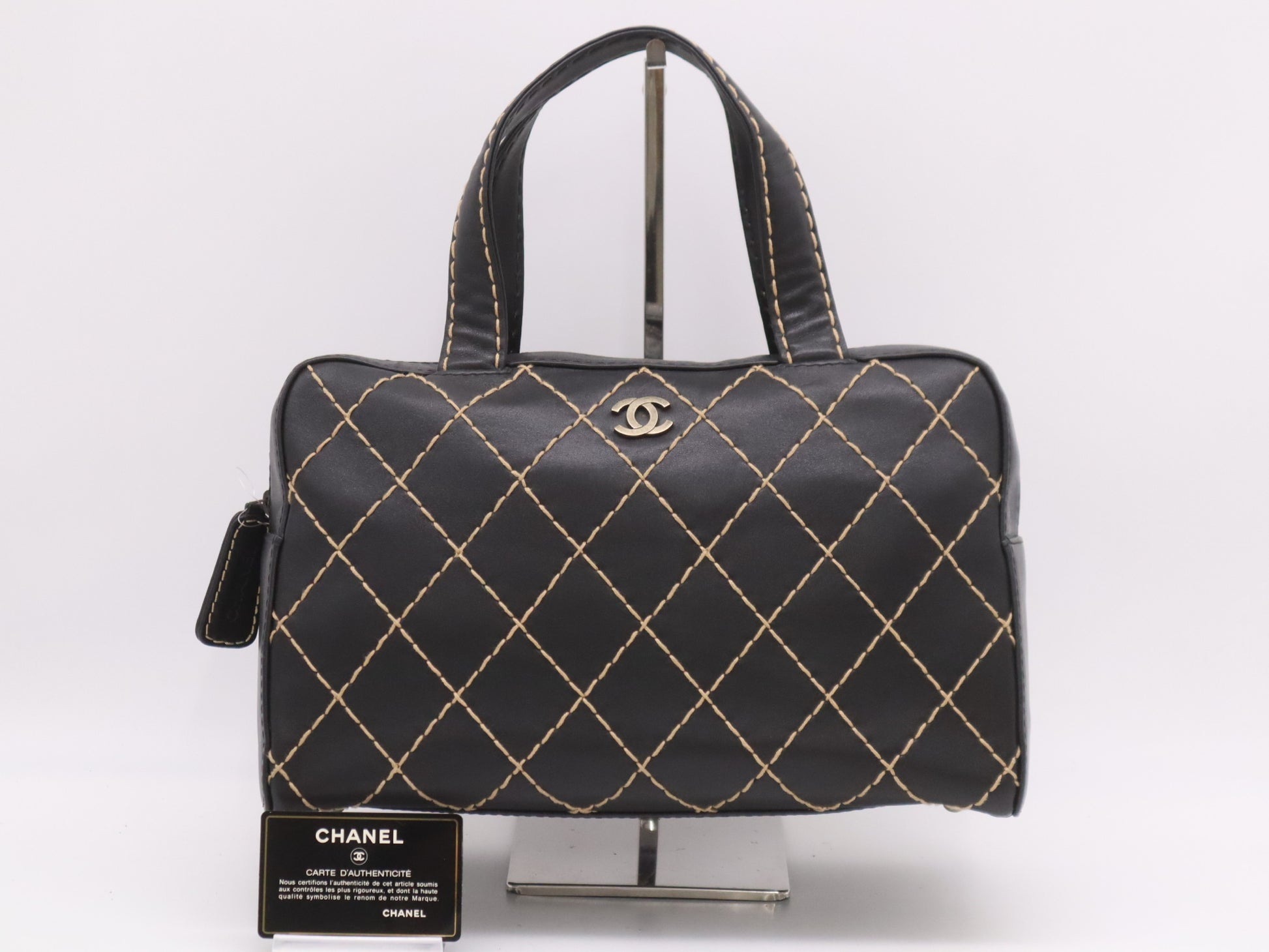 CHANEL Leather Wild Stitch Handbag Mini Boston Bag Black Seal Card 6537258 Handbag
