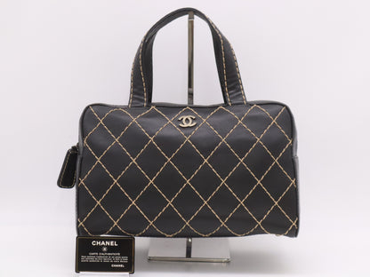 CHANEL Leather Wild Stitch Handbag Mini Boston Bag Black Seal Card 6537258 Handbag
