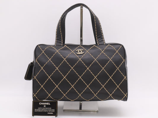 CHANEL Leather Wild Stitch Handbag Mini Boston Bag Black Seal Card 6537258 Handbag