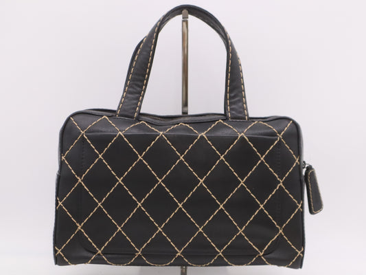 CHANEL Leather Wild Stitch Handbag Mini Boston Bag Black Seal Card 6537258 Handbag
