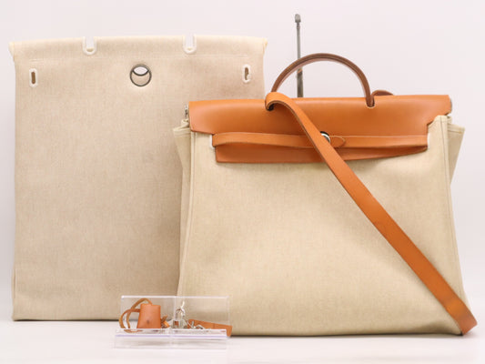 HERMES Leather and Canvas Airbag MM □C Stamp 1999 Brown Beige Shoulder Bag with Spare Bag