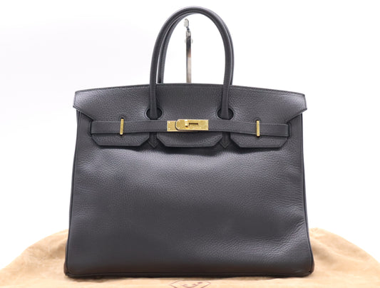 HERMES Taurillon Clemence B Stamped Birkin 35 Black Handbag with Dust Bag