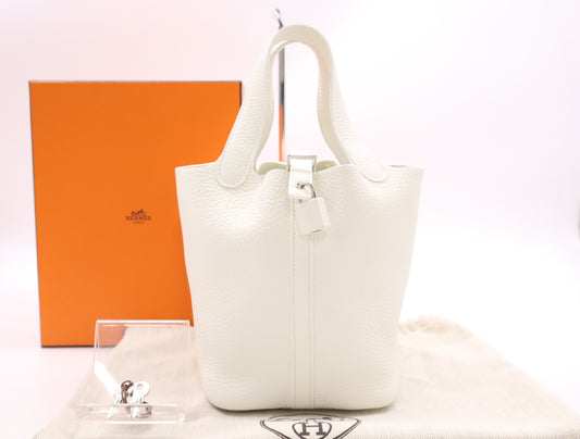 HERMES Picotin Lock PM Handbag, Double Stamp, 2024, Taurillon Leather, Silver Hardware, White, Handbag