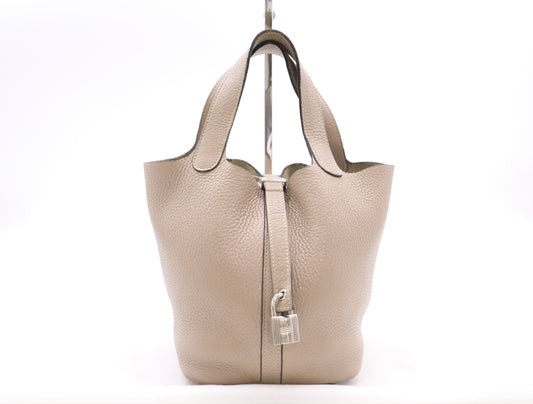 HERMES Picotin Lock PM □N Stamp 2010 Taurillon Etoupe Silver Hardware Handbag with Padlock