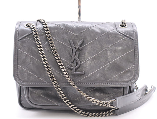 Yves Saint Laurent 633151 Leather Niki Baby Chain Shoulder Bag, Gray
