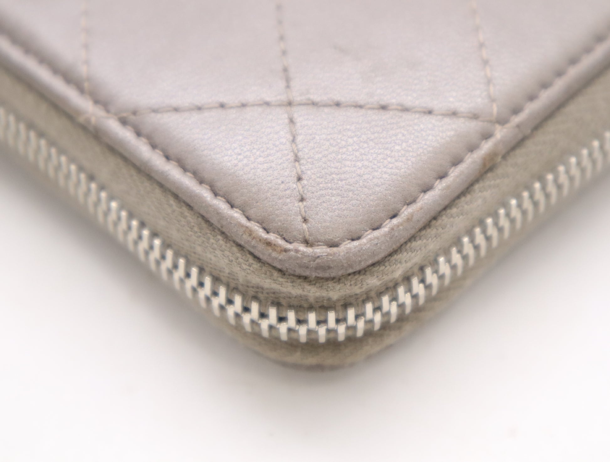 CHANEL Lambskin Matelasse Wallet with Zip-Around Design, Coco Mark, Silver Hardware, Gray, Sticker, Card Slots, 24756938