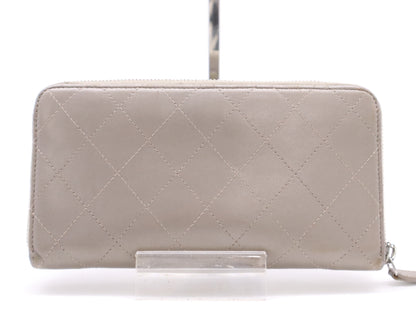 CHANEL Lambskin Matelasse Wallet with Zip-Around Design, Coco Mark, Silver Hardware, Gray, Sticker, Card Slots, 24756938