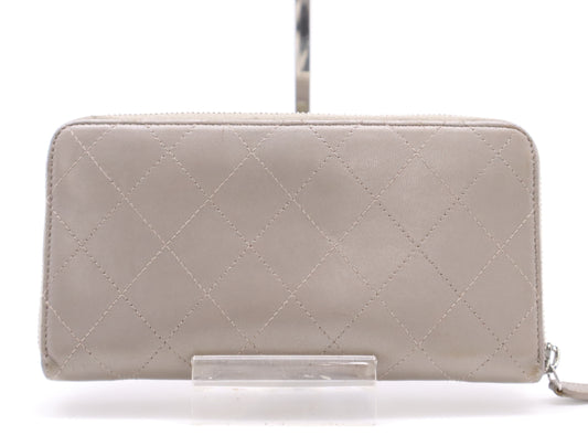 CHANEL Lambskin Matelasse Wallet with Zip-Around Design, Coco Mark, Silver Hardware, Gray, Sticker, Card Slots, 24756938