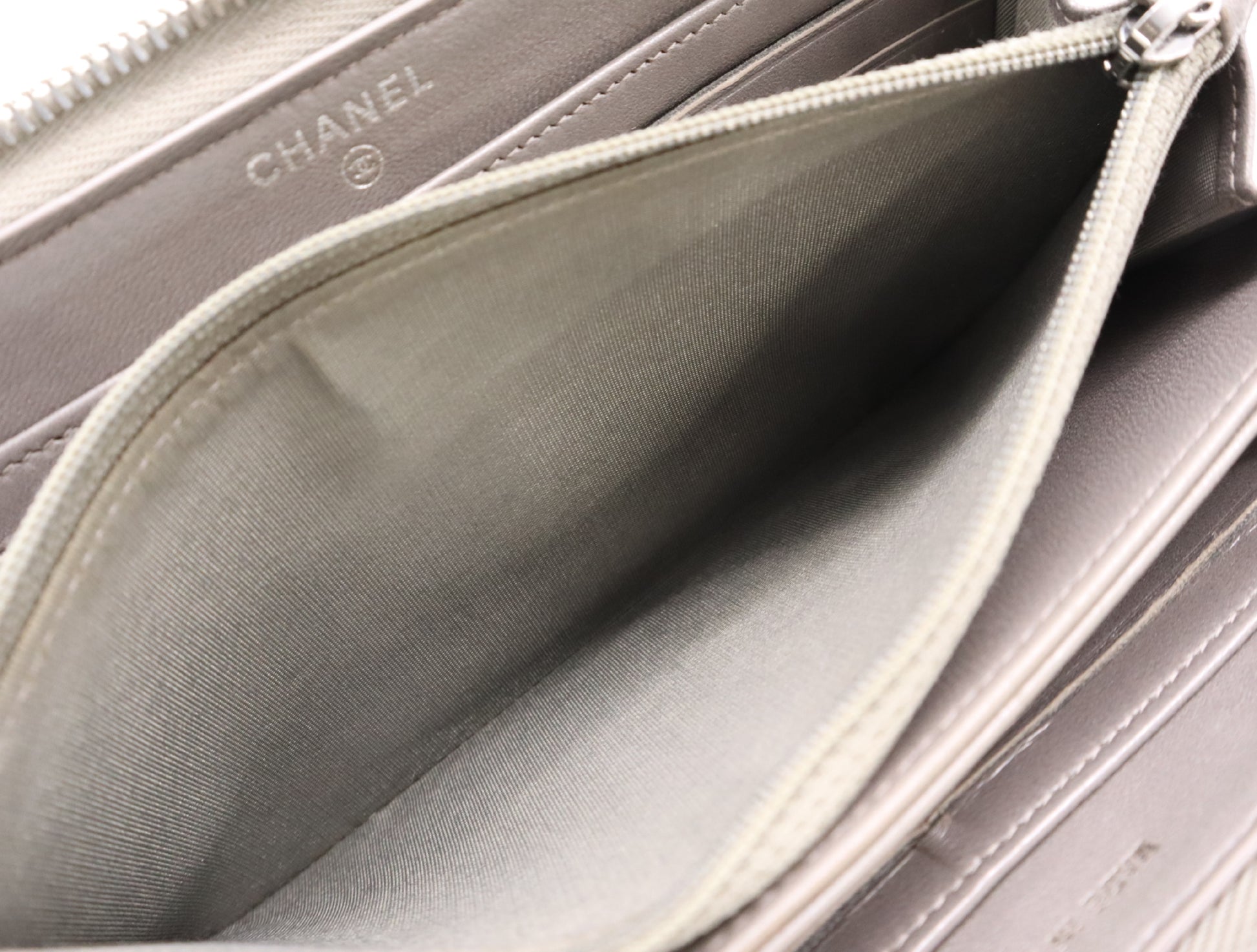 CHANEL Lambskin Matelasse Wallet with Zip-Around Design, Coco Mark, Silver Hardware, Gray, Sticker, Card Slots, 24756938