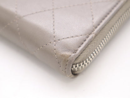 CHANEL Lambskin Matelasse Wallet with Zip-Around Design, Coco Mark, Silver Hardware, Gray, Sticker, Card Slots, 24756938