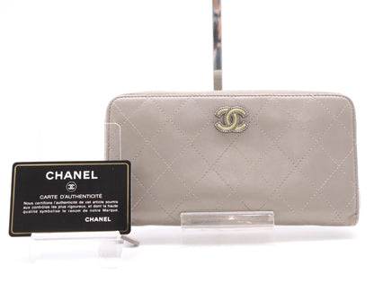CHANEL Lambskin Matelasse Wallet with Zip-Around Design, Coco Mark, Silver Hardware, Gray, Sticker, Card Slots, 24756938
