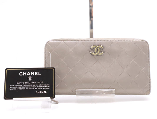 CHANEL Lambskin Matelasse Wallet with Zip-Around Design, Coco Mark, Silver Hardware, Gray, Sticker, Card Slots, 24756938