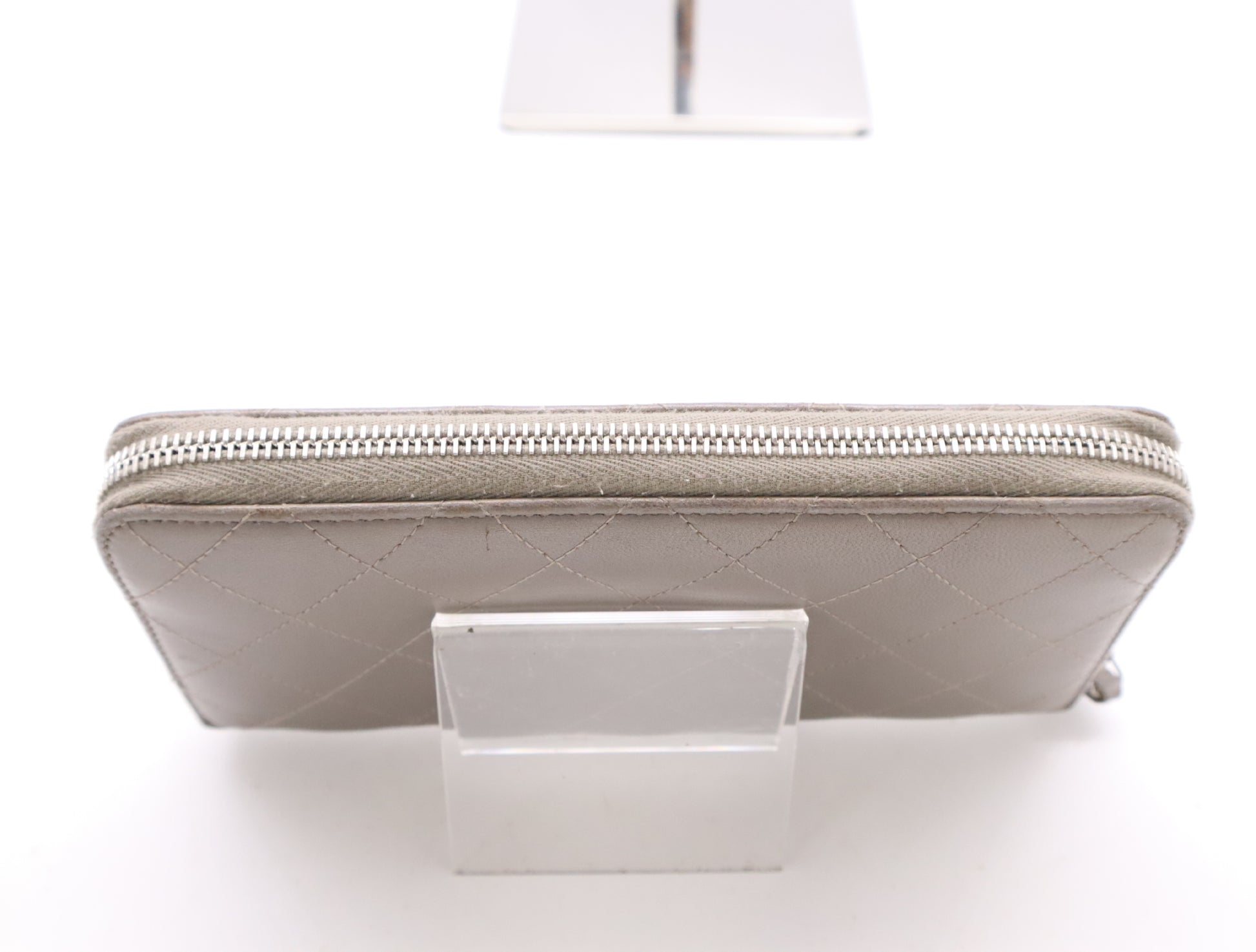 CHANEL Lambskin Matelasse Wallet with Zip-Around Design, Coco Mark, Silver Hardware, Gray, Sticker, Card Slots, 24756938