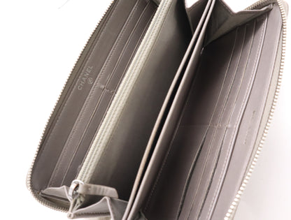 CHANEL Lambskin Matelasse Wallet with Zip-Around Design, Coco Mark, Silver Hardware, Gray, Sticker, Card Slots, 24756938