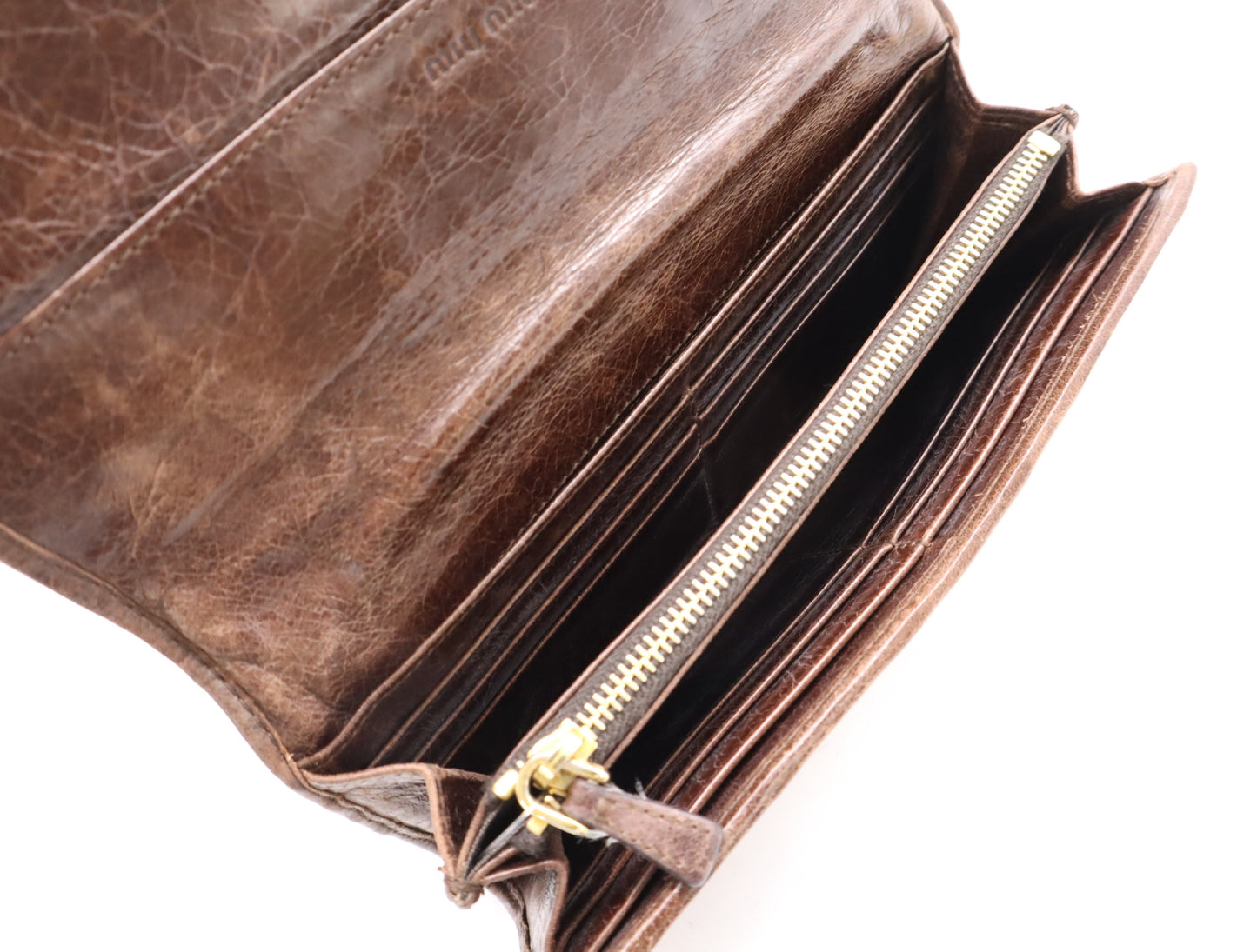 Miu Miu Leather Gathered Wallet Long Wallet Brown