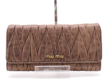 Miu Miu Leather Gathered Wallet Long Wallet Brown