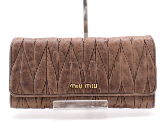 Miu Miu Leather Gathered Wallet Long Wallet Brown