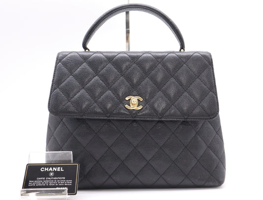 CHANEL Caviar Matelasse Handbag in Black with Turn Lock, GD Hardware, Card Holder, and Seal, 8083257