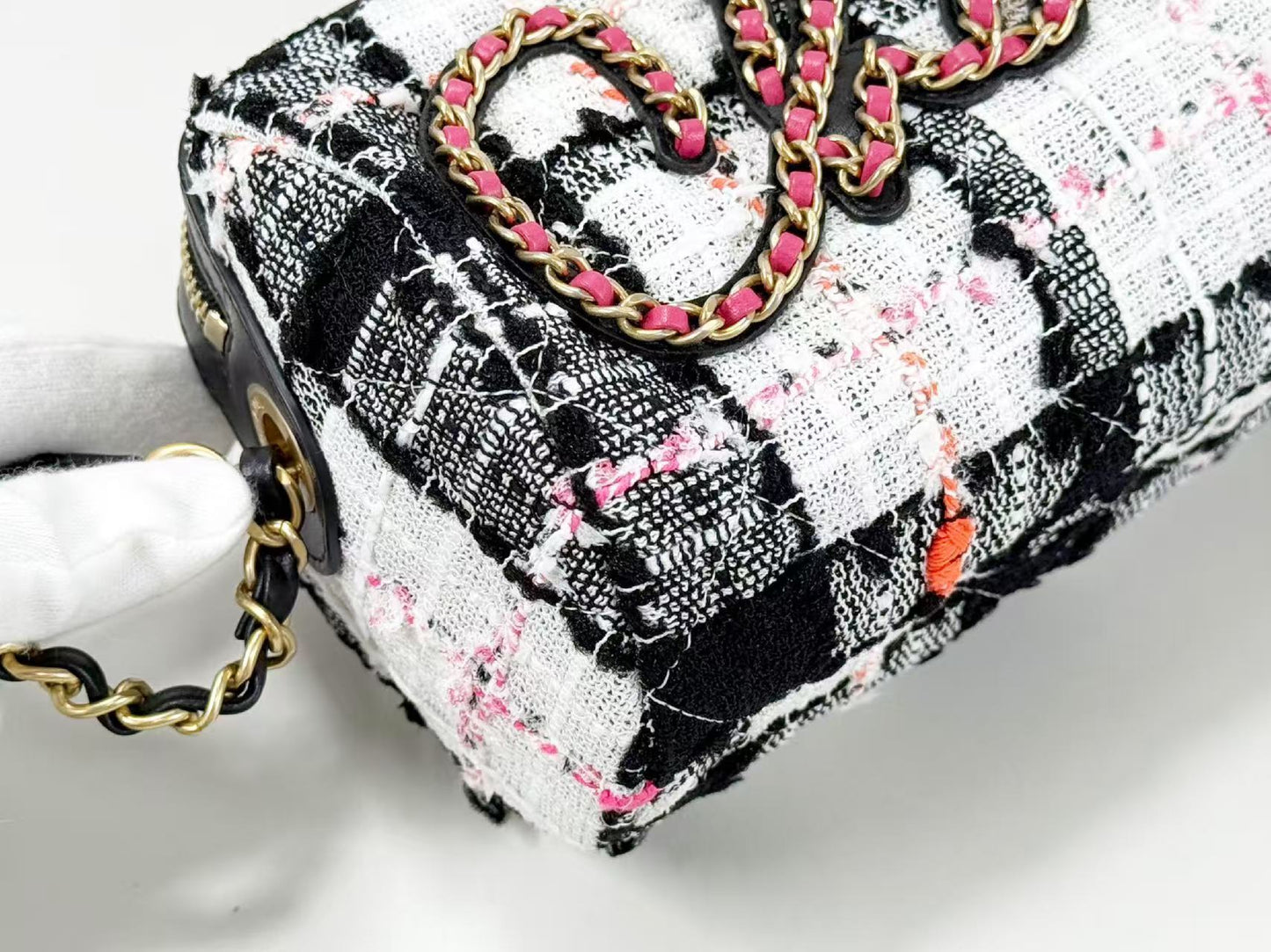 CHANEL CHANEL logo Coco charm lace tweed bowling shoulder bag, approximately 24cm wide, 30s, vintage G hardware, dust bag and sticker included, excellent condition, item number 30095610