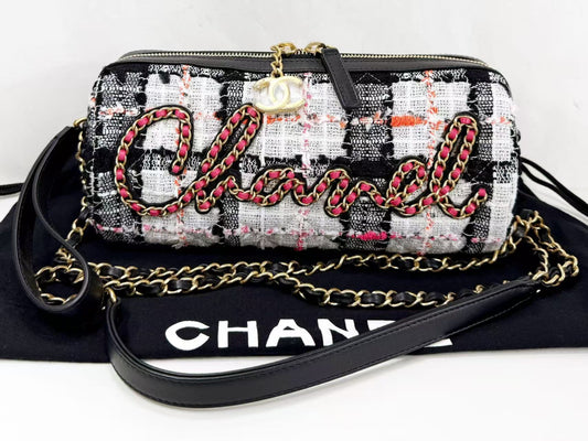 CHANEL CHANEL logo Coco charm lace tweed bowling shoulder bag, approximately 24cm wide, 30s, vintage G hardware, dust bag and sticker included, excellent condition, item number 30095610