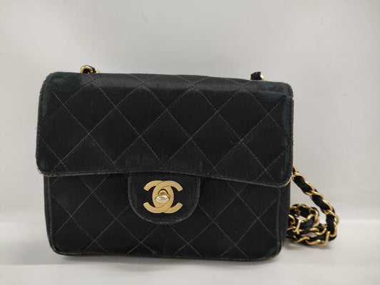 CHANEL Matelasse Satin Chain Turnlock Black Shoulder Bag