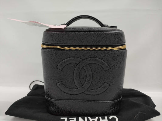CHANEL Caviar Skin Pouch Coco Mark Black Vanity Bag