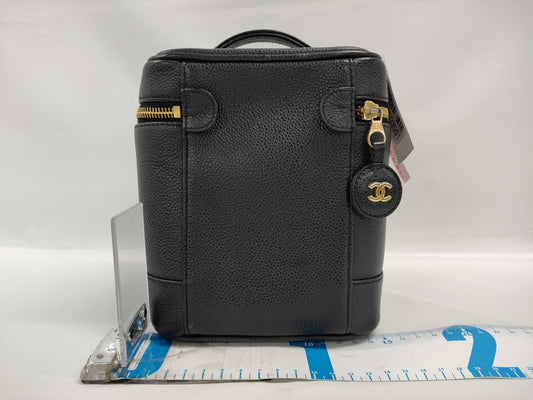 CHANEL Caviar Skin Pouch Coco Mark Black Vanity Bag