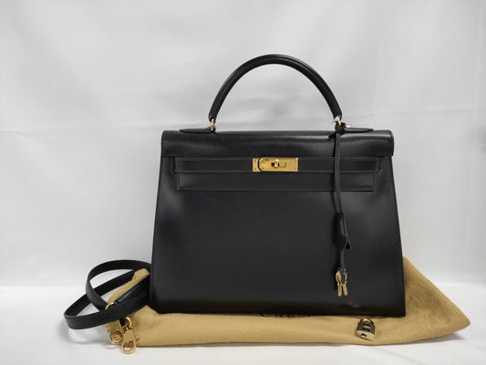 HERMES Kelly 32 Gold Hardware Black Handbag